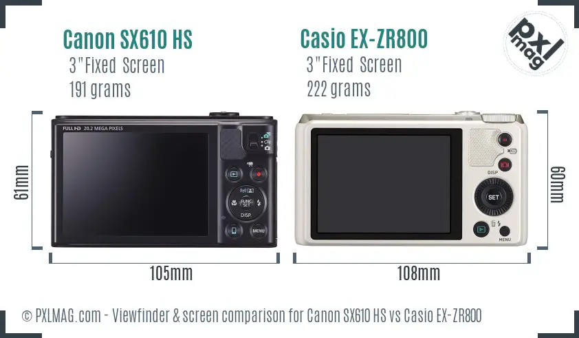 Canon SX610 HS vs Casio EX-ZR800 Screen and Viewfinder comparison