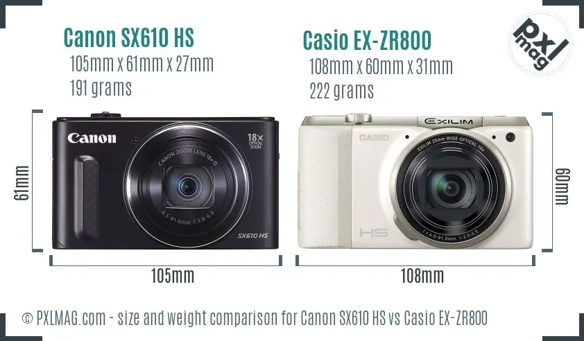 Canon SX610 HS vs Casio EX-ZR800 size comparison