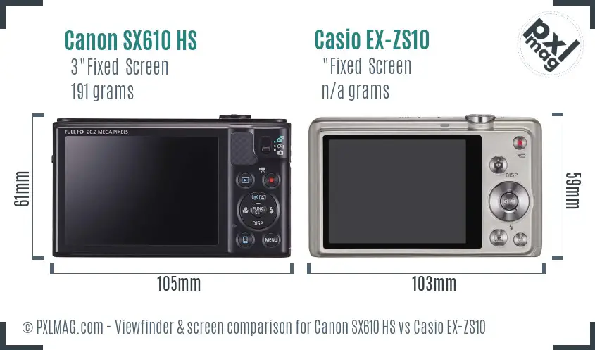 Canon SX610 HS vs Casio EX-ZS10 Screen and Viewfinder comparison