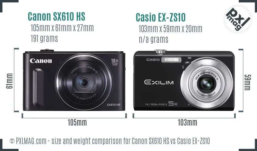 Canon SX610 HS vs Casio EX-ZS10 size comparison