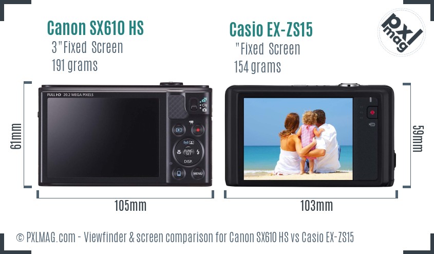 Canon SX610 HS vs Casio EX-ZS15 Screen and Viewfinder comparison