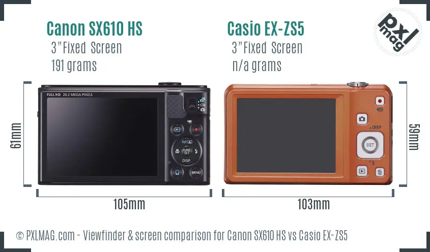 Canon SX610 HS vs Casio EX-ZS5 Screen and Viewfinder comparison