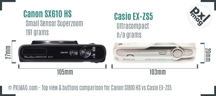 Canon SX610 HS vs Casio EX-ZS5 top view buttons comparison