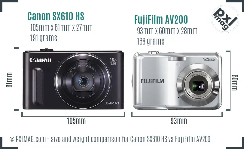 Canon SX610 HS vs FujiFilm AV200 size comparison