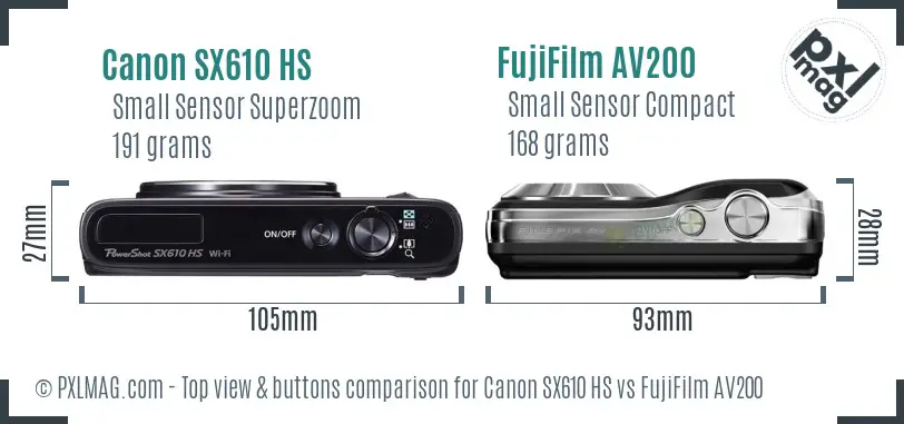 Canon SX610 HS vs FujiFilm AV200 top view buttons comparison