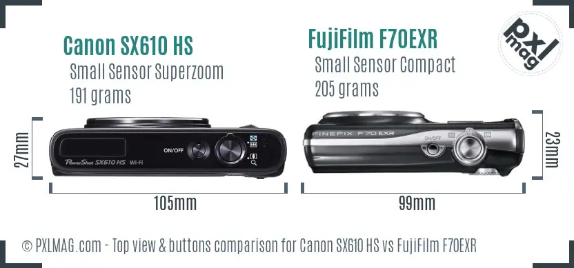 Canon SX610 HS vs FujiFilm F70EXR top view buttons comparison Canon SX610 HS vs FujiFilm F70EXR top view buttons comparison