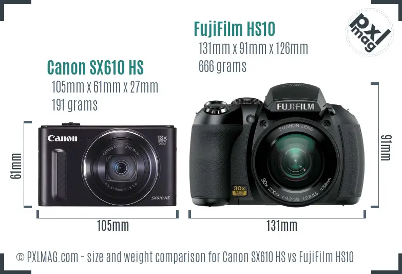 Canon SX610 HS vs FujiFilm HS10 size comparison