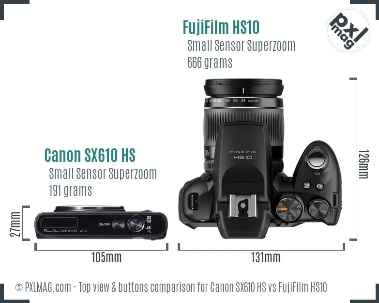 Canon SX610 HS vs FujiFilm HS10 top view buttons comparison