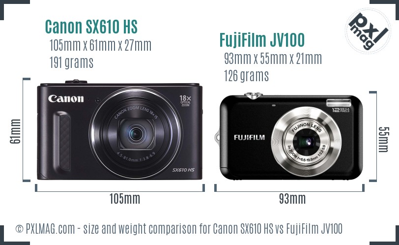 Canon SX610 HS vs FujiFilm JV100 size comparison