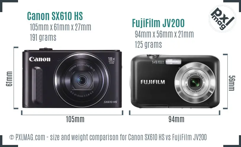 Canon SX610 HS vs FujiFilm JV200 size comparison