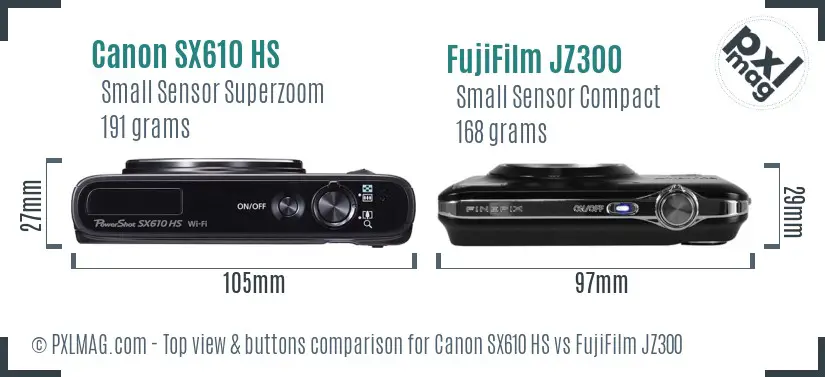 Canon SX610 HS vs FujiFilm JZ300 top view buttons comparison