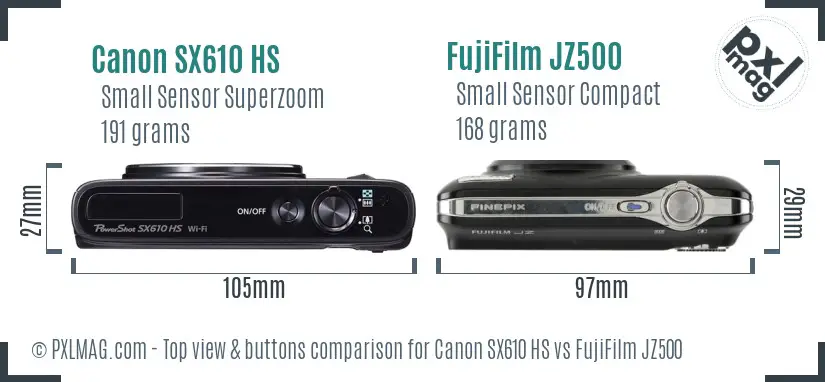 Canon SX610 HS vs FujiFilm JZ500 top view buttons comparison Canon SX610 HS vs FujiFilm JZ500 top view buttons comparison