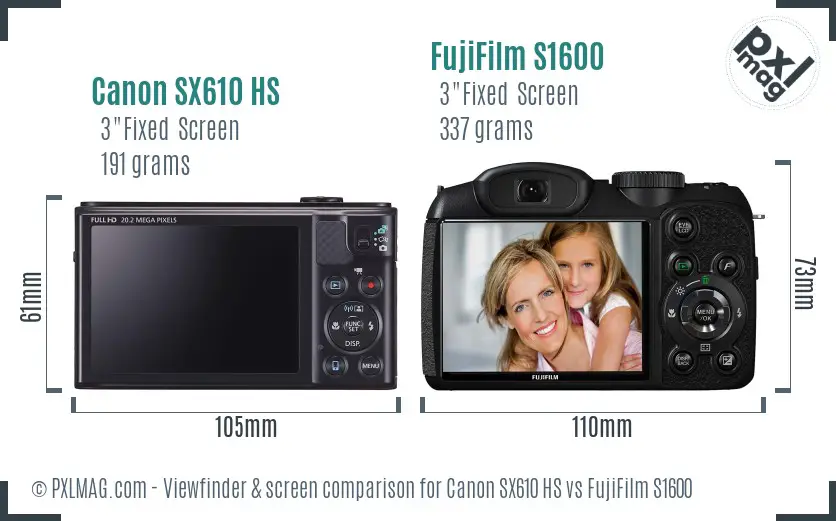 Canon SX610 HS vs FujiFilm S1600 Screen and Viewfinder comparison