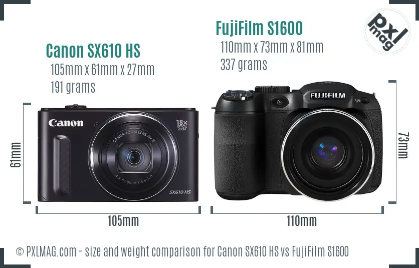 Canon SX610 HS vs FujiFilm S1600 size comparison