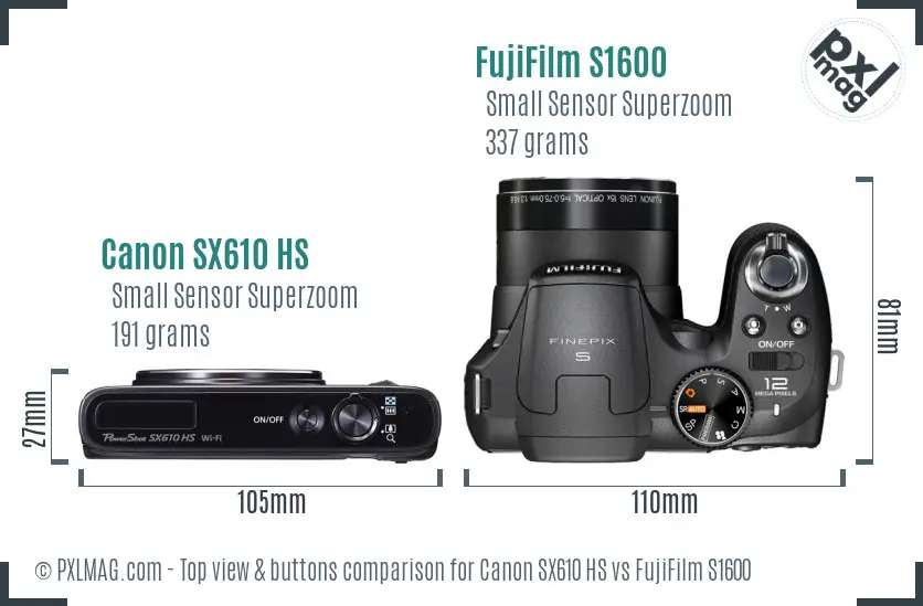 Canon SX610 HS vs FujiFilm S1600 top view buttons comparison
