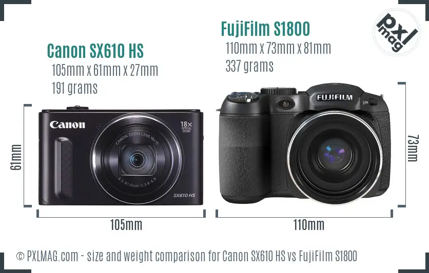 Canon SX610 HS vs FujiFilm S1800 size comparison Canon SX610 HS vs FujiFilm S1800 size comparison