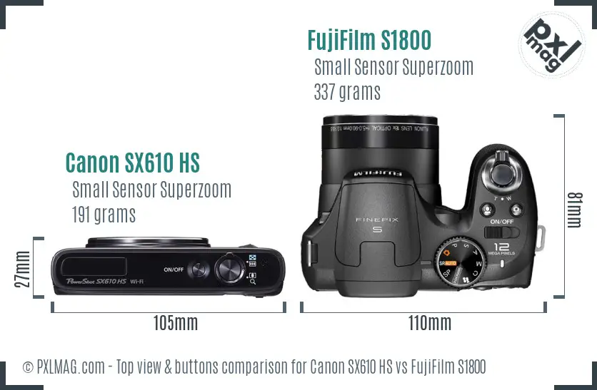 Canon SX610 HS vs FujiFilm S1800 top view buttons comparison Canon SX610 HS vs FujiFilm S1800 top view buttons comparison