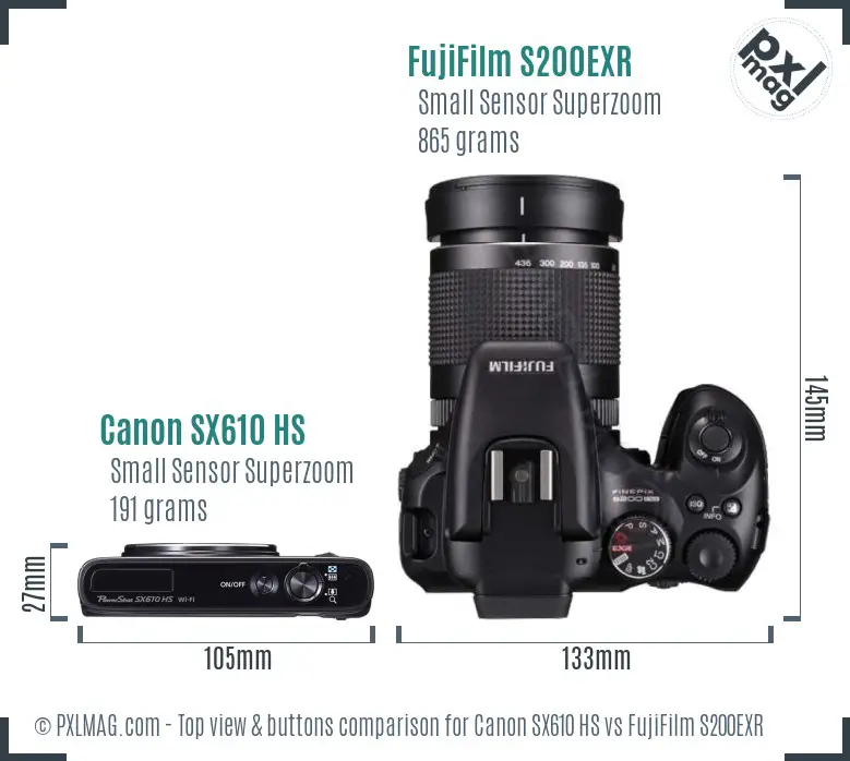 Canon SX610 HS vs FujiFilm S200EXR top view buttons comparison