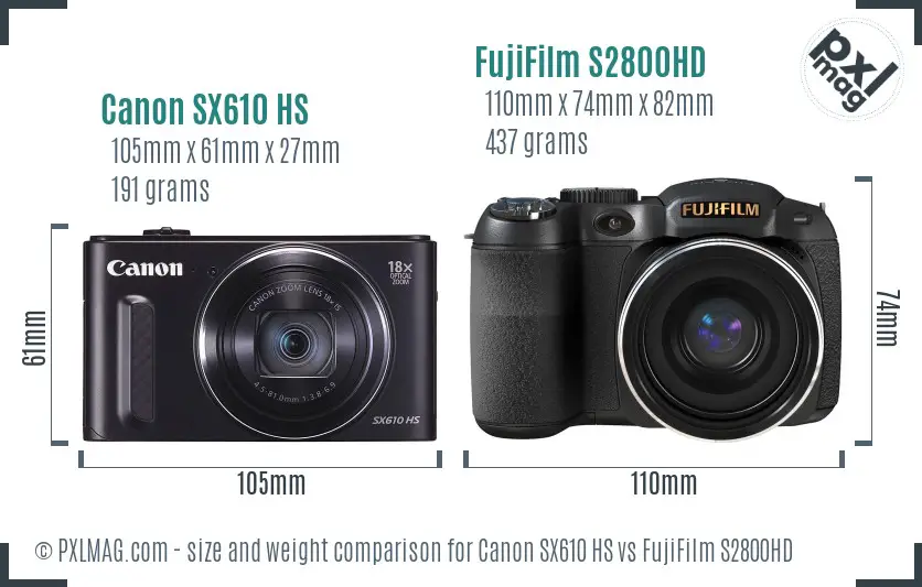 Canon SX610 HS vs FujiFilm S2800HD size comparison