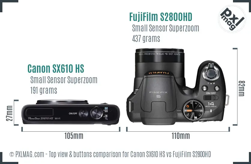 Canon SX610 HS vs FujiFilm S2800HD top view buttons comparison