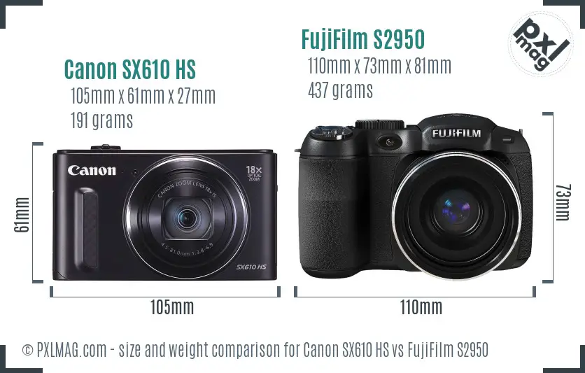 Canon SX610 HS vs FujiFilm S2950 size comparison