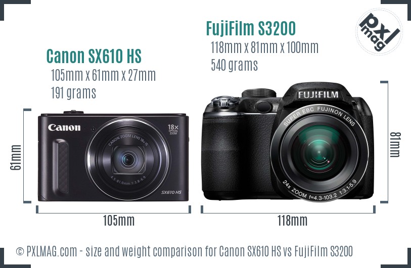 Canon SX610 HS vs FujiFilm S3200 size comparison