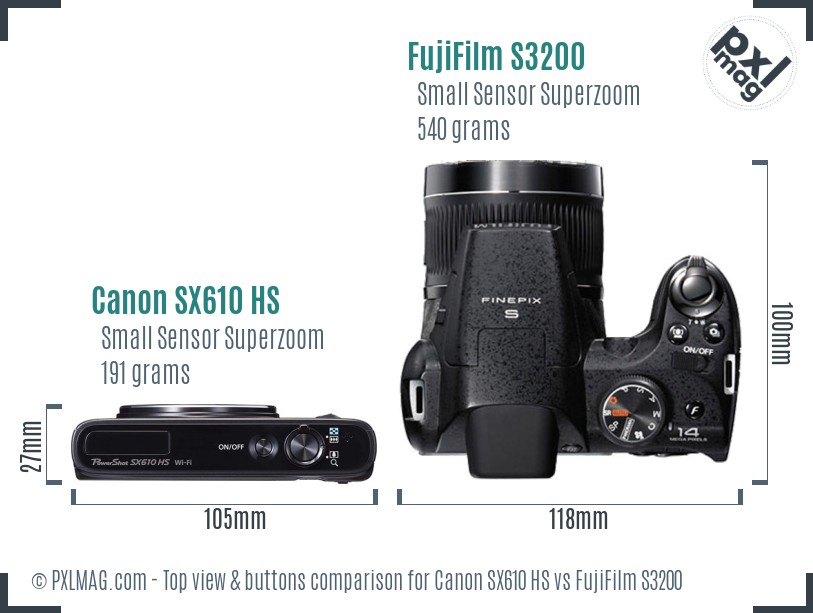 Canon SX610 HS vs FujiFilm S3200 top view buttons comparison
