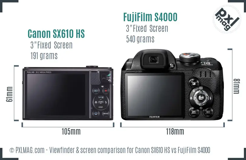 Canon SX610 HS vs FujiFilm S4000 Screen and Viewfinder comparison