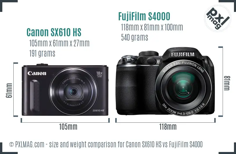 Canon SX610 HS vs FujiFilm S4000 size comparison