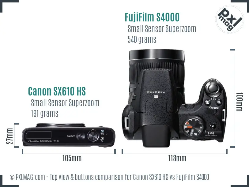 Canon SX610 HS vs FujiFilm S4000 top view buttons comparison