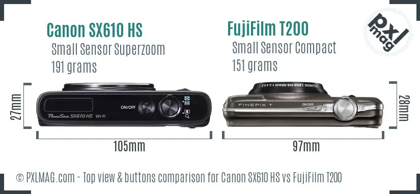 Canon SX610 HS vs FujiFilm T200 top view buttons comparison Canon SX610 HS vs FujiFilm T200 top view buttons comparison