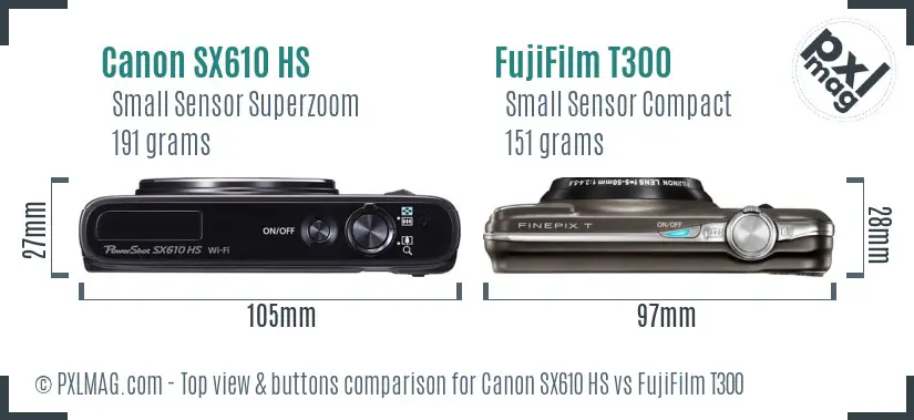 Canon SX610 HS vs FujiFilm T300 top view buttons comparison