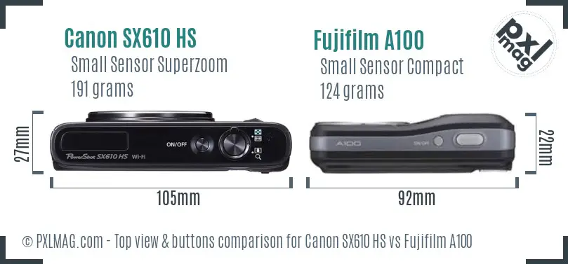 Canon SX610 HS vs Fujifilm A100 top view buttons comparison Canon SX610 HS vs Fujifilm A100 top view buttons comparison