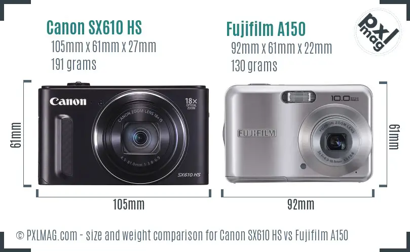 Canon SX610 HS vs Fujifilm A150 size comparison