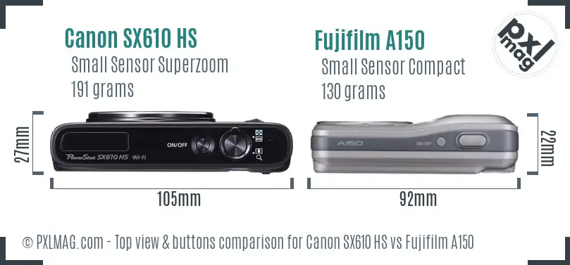 Canon SX610 HS vs Fujifilm A150 top view buttons comparison