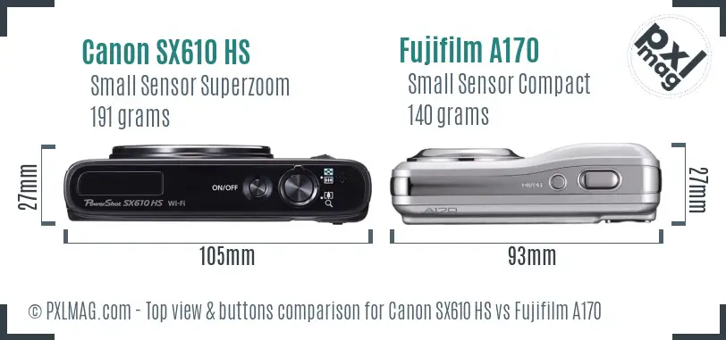 Canon SX610 HS vs Fujifilm A170 top view buttons comparison Canon SX610 HS vs Fujifilm A170 top view buttons comparison