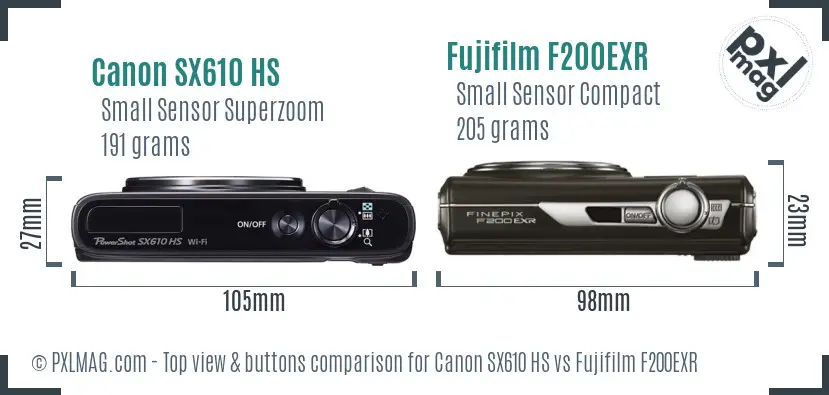 Canon SX610 HS vs Fujifilm F200EXR top view buttons comparison