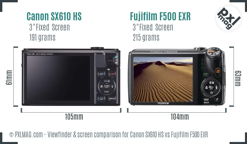 Canon SX610 HS vs Fujifilm F500 EXR Screen and Viewfinder comparison