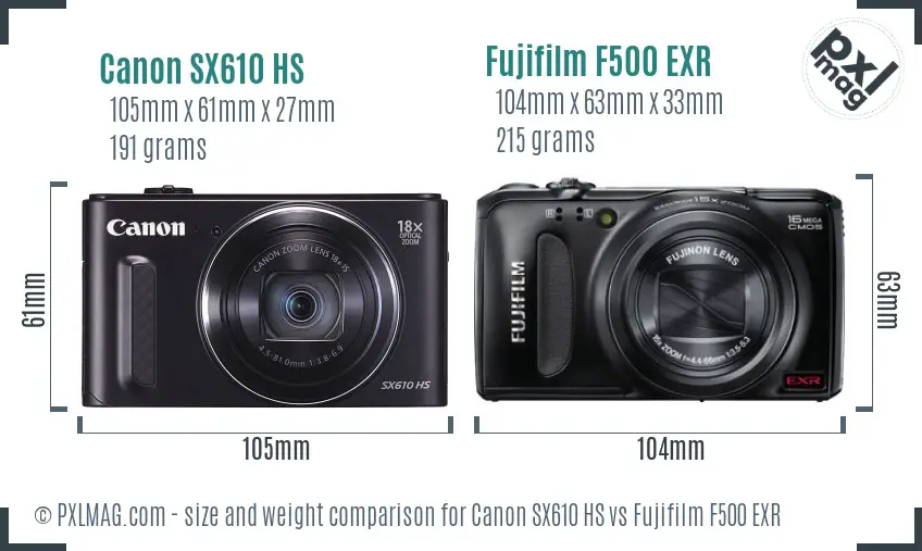 Canon SX610 HS vs Fujifilm F500 EXR size comparison