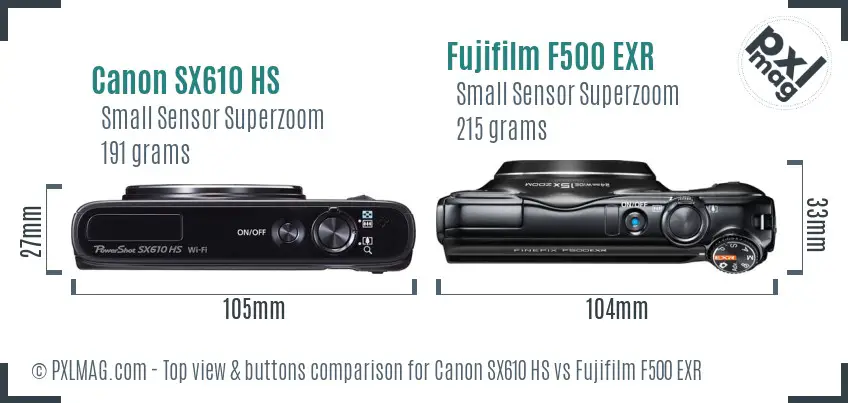 Canon SX610 HS vs Fujifilm F500 EXR top view buttons comparison