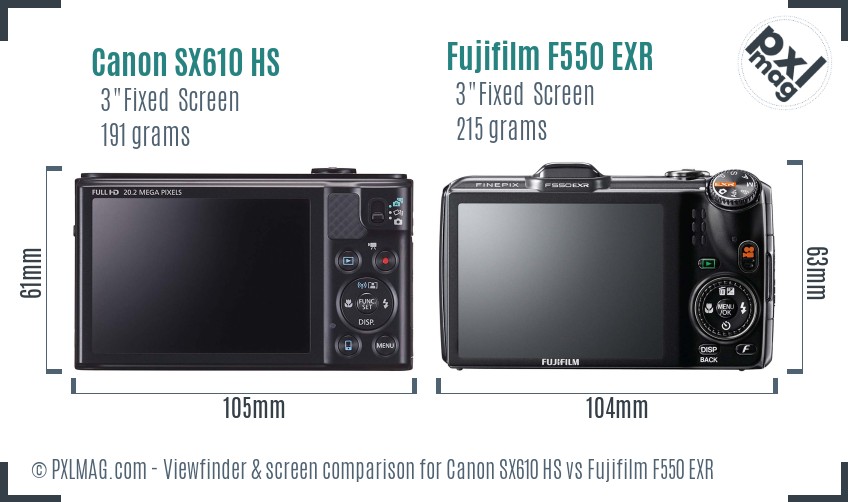 Canon SX610 HS vs Fujifilm F550 EXR Screen and Viewfinder comparison
