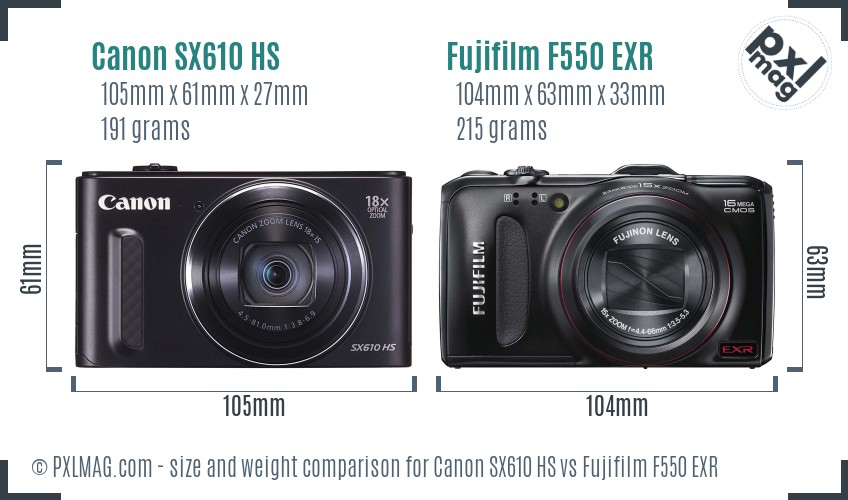 Canon SX610 HS vs Fujifilm F550 EXR size comparison