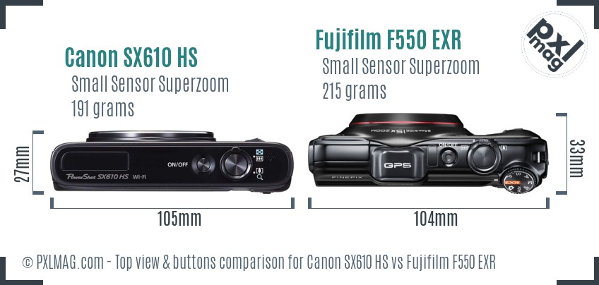 Canon SX610 HS vs Fujifilm F550 EXR top view buttons comparison