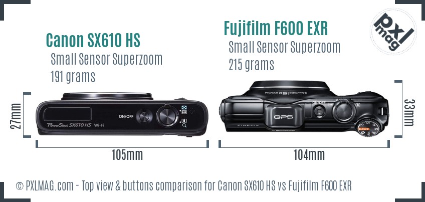 Canon SX610 HS vs Fujifilm F600 EXR top view buttons comparison