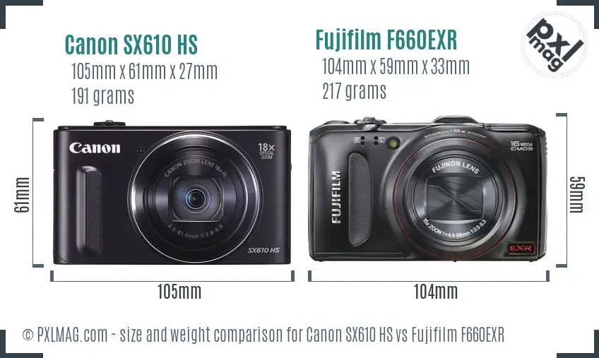 Canon SX610 HS vs Fujifilm F660EXR size comparison