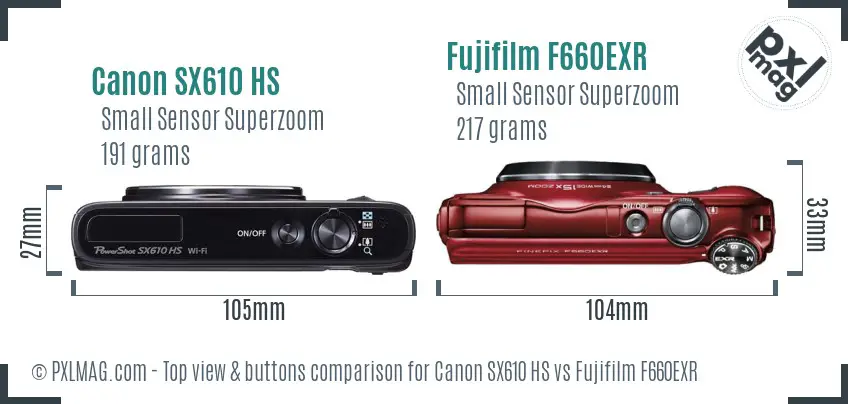 Canon SX610 HS vs Fujifilm F660EXR top view buttons comparison