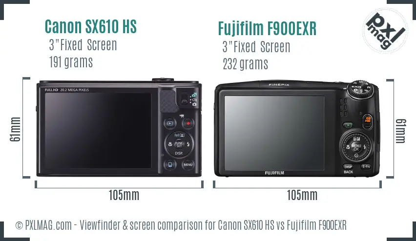 Canon SX610 HS vs Fujifilm F900EXR Screen and Viewfinder comparison
