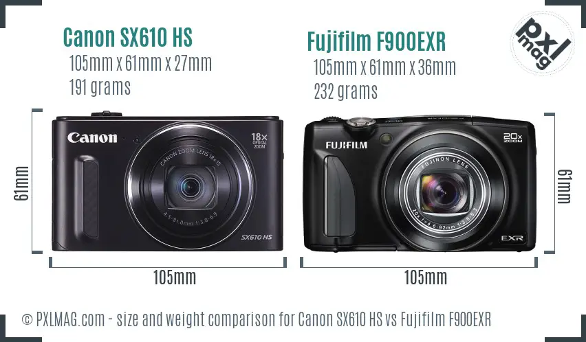 Canon SX610 HS vs Fujifilm F900EXR size comparison