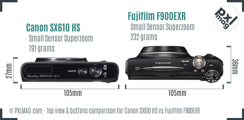 Canon SX610 HS vs Fujifilm F900EXR top view buttons comparison