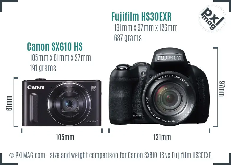 Canon SX610 HS vs Fujifilm HS30EXR size comparison Canon SX610 HS vs Fujifilm HS30EXR size comparison